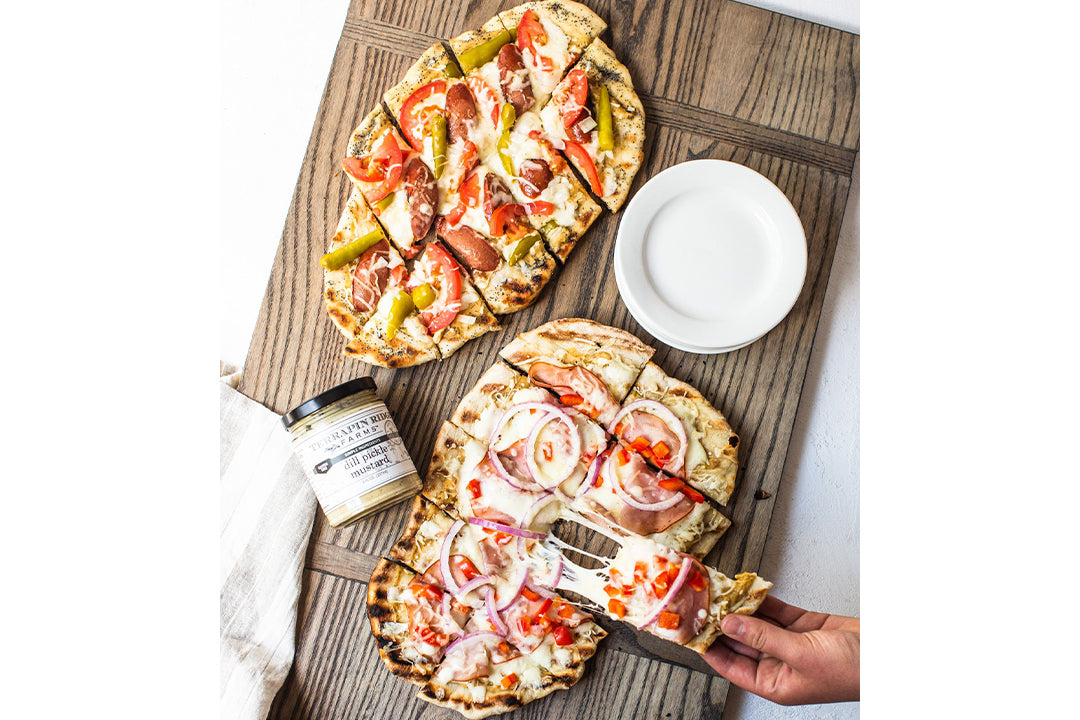 Chicago Dog Grilled Pizza with Terrapin Ridge Farms Dill Pickle Mustard Chicago Dog Grilled Pizza with Terrapin Ridge Farms Dill Pickle Mustard